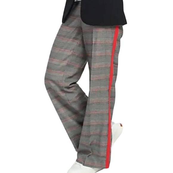 G.I.L.I. WIDE LEG PLAID PANTS Size 6 BLACK BROWN CREAM w/ MAROON SIDE STRIPES - Picture 3 of 11